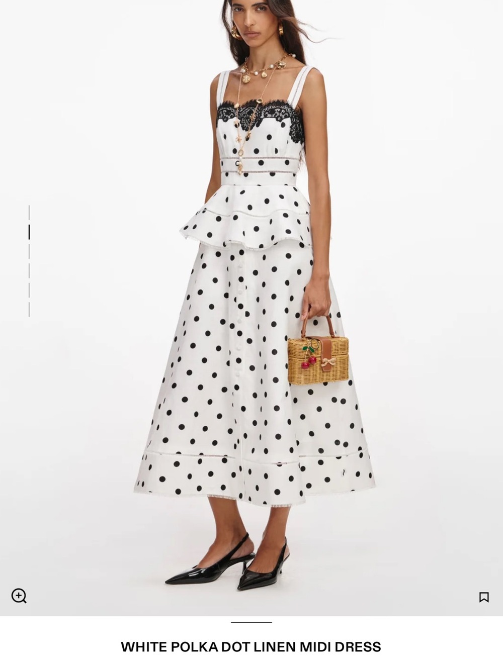 Self-Portrait White Polka Dot Midi Dress with Black Lace Trim - Picture 7 of 13